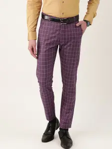 SOJANYA Men Purple & Blue Checked Smart Regular Fit Formal Trousers