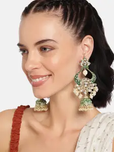 I Jewels Gold-Plated & Green Kundan Studded Drop Earrings