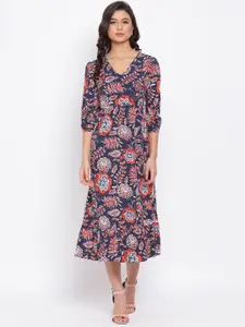 Oxolloxo Women Navy Blue Printed A-Line Dress