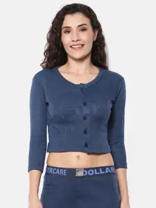 Dollar Women Navy Blue Solid Slim-Fit Cropped Thermal Top