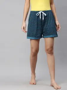 QUARANTINE Women Teal Blue & Black Striped Cotton Lounge Shorts