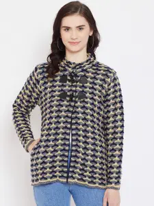 Zigo Women Navy Blue & Beige Self-Design Cardigan Sweater