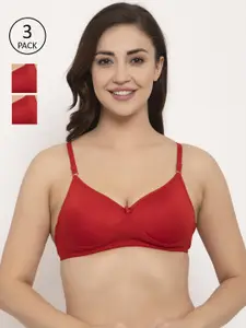 GRACIT Pack Of 3 Red Solid Non-Wired Lightly Padded Push-Up Bra PW5-03-03-03
