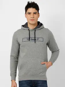 t-base Men Grey Printed Hooded Sweatshirt