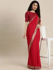 Inddus Red Solid Silk Blend Saree