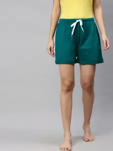 QUARANTINE Women Teal Green Solid Cotton Lounge Shorts