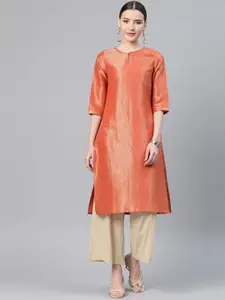 W Women Orange & Golden Zari Woven Design Straight Kurta with Sequinned Detail