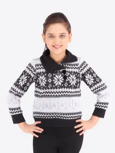 CUTECUMBER Girls Acrylic Black & Grey Self Design Sweater