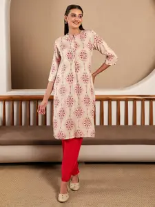W Women Off White & Pink Ethnic Motifs Printed Straight Kurta