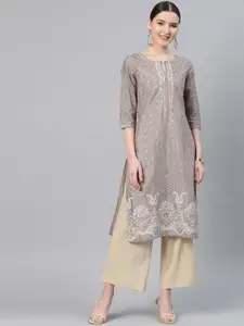 W Women Taupe & White Printed Straight Kurta