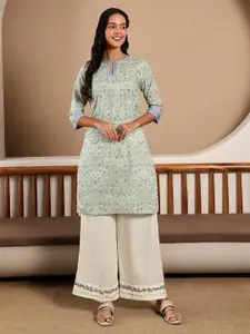 W Women Sea Green & Blue Floral Printed Pure Cotton Straight Kurta