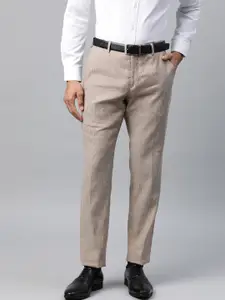 Tommy Hilfiger Men Beige & Brown Tailored Slim Fit Self Checked Regular Trousers
