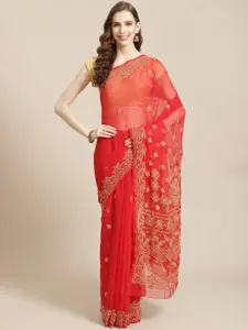 ADA Red & Beige Sustainable Chikankari Hand Embroidered Handloom Saree