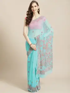 ADA Sea Green & Pink Chikankari Hand Embroidered Saree