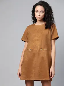 SASSAFRAS Women Mustard Brown Solid Suede Finish A-Line Dress