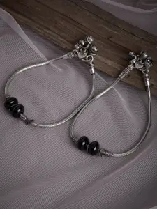 PANASH Set Of 2 Oxidized Silver-Plated & Black Beaded Anklets