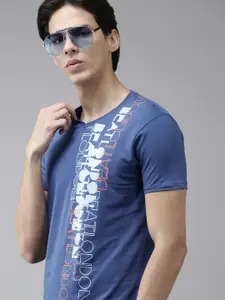 BEAT LONDON by PEPE JEANS Men Blue & White Pure Cotton Typography Print  Slim Fit T-shirt