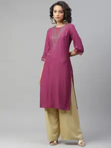 W Women Purple Embroidered Zardozi Kurta
