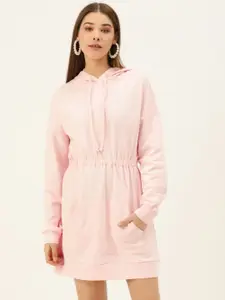 Besiva Women Pink Pure Cotton Solid Hooded Sweatshirt Dress