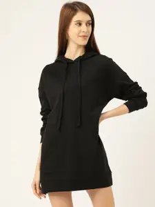 Besiva Women Black Pure Cotton Solid Hooded Sweatshirt Dress