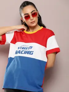 Kook N Keech Women Colourblocked Drop-Shoulder Sleeves Pure Cotton Oversized T-shirt