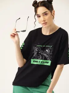 Kook N Keech Women Black & Green Graphic Printed Drop-Shoulder Sleeves Oversized T-shirt