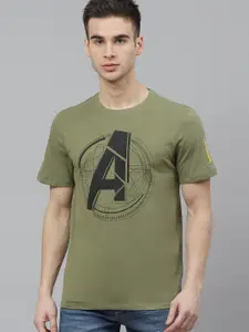 Kook N Keech Marvel Men Olive Green Pure Cotton Avengers Printed Round Neck Pure Cotton T-shirt