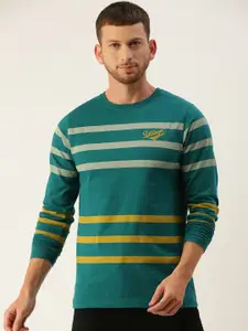 DILLINGER Men Teal Green  Yellow Striped Round Neck Pure Cotton T-shirt