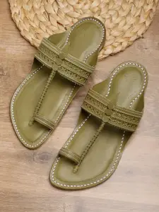 House of Pataudi Men Olive Green Leather One-Toe Sandals