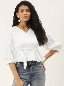 Off Label Women White Solid Wrap Top