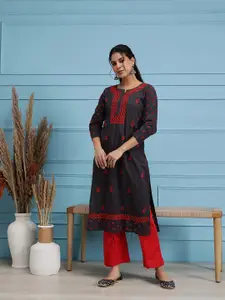 ADA Women Charcoal Grey & Red Chikankari Hand Embroidered Cotton Straight  Handloom Kurta
