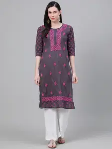 ADA Women Charcoal Grey & Purple Chikankari Hand Embroidered Cotton Straight  Handloom Kurta