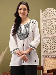 ADA Women White & Black Chikankari Embroidered Straight  Pure Cotton Handloom Kurti