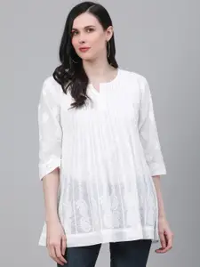 ADA Women White Pure Cotton Chikankari Embroidered Straight A-Line  Kurti