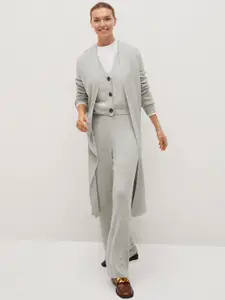 MANGO Women Grey Melange Sustainable Open Front Solid Longline Sweater