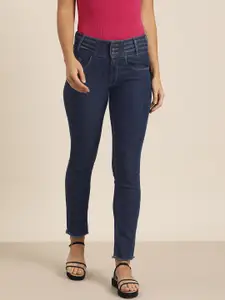 Moda Rapido Women Blue Skinny Fit Mid-Rise Clean Look Extended Waist Frayed Hem Jeans