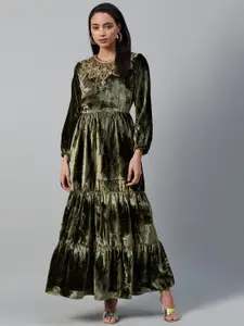 WISHFUL Women Olive Green Embroidered Detail Tiered Velvet Finish Maxi Dress