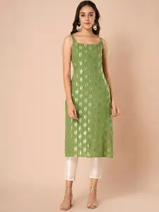 INDYA Women Green & Gold-Coloured Ikat Foil Print Straight Kurta