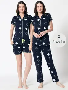 Zeyo Women Navy Blue & White Star Printed Night Suit