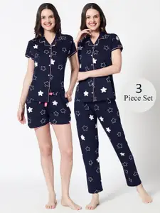 Zeyo Women Navy Blue Printed 3-Piece Night suit