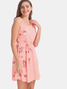 Sugr Women Peach-Coloured Floral Printed Fit and Flare Dress