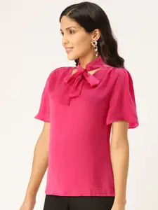 AND Women Pink Solid Tie-Up Neck Top