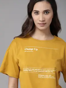 The Roadster Lifestyle Co Women Mustard Yellow  Off-White Pure Cotton Printed Round Neck T-shirt