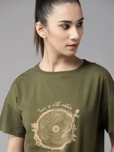 The Roadster Lifestyle Co Women Olive Green & Beige Printed Cotton Round Neck T-shirt