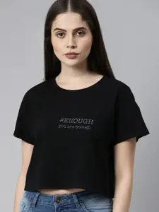 The Roadster Lifestyle Co Women Black Solid Pure Cotton Drop-Shoulder Sleeves Boxy T-shirt