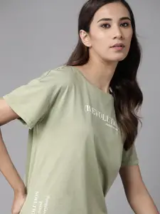 The Roadster Lifestyle Co Women Green Printed Cotton Round Neck T-shirt