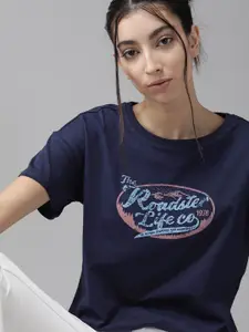The Roadster Lifestyle Co Women Navy Blue Pure Cotton Brand Logo Printed Round Neck T-shirt