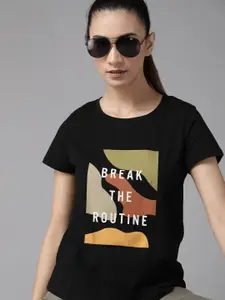 The Roadster Lifestyle Co Women Black  Orange Printed Cotton Round Neck T-shirt