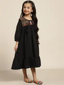 Sangria Girls Embroidered Yoke Design Mirror Work Pure Cotton A Line Dress