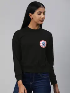 Van Heusen Woman Black Solid Pullover Sweatshirt with Spiderman Printed Detailing